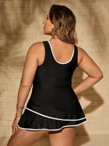 SHEIN Swim Curve Plus Size Tankini Set Binding Trim Drawstring Swim Dress & High Waisted Bikini Bottom 2 Pieces Sporty Bathing Suit Summer - Black - View 2