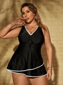 SHEIN Swim Curve Plus Size Tankini Set Binding Trim Drawstring Swim Dress & High Waisted Bikini Bottom 2 Pieces Sporty Bathing Suit Summer - Black - View 4