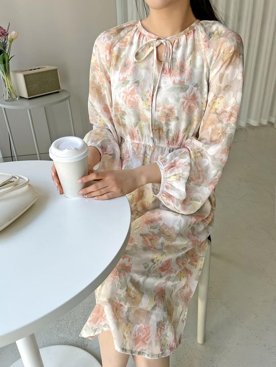 Allover Floral Print Tie Neck Bishop Sleeve Dress