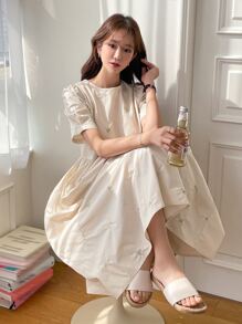 DAZY Floral Embroidery Puff Sleeve High Waist Dress,Casual Women Dresses - Apricot - View 1
