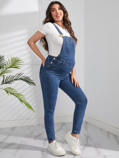 SHEIN Maternity Patched Pocket Denim Overalls Without Tee