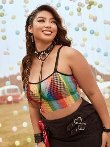 SHEIN ICON Plus Rainbow Striped Contrast Binding Crop Mesh Cami Top Without Bra - Multicolor - View 1