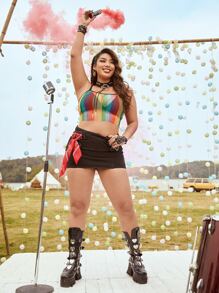 SHEIN ICON Plus Rainbow Striped Contrast Binding Crop Mesh Cami Top Without Bra - Multicolor - View 7