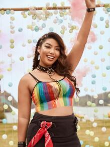 SHEIN ICON Plus Rainbow Striped Contrast Binding Crop Mesh Cami Top Without Bra - Multicolor - View 4