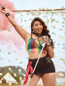 SHEIN ICON Plus Rainbow Striped Contrast Binding Crop Mesh Cami Top Without Bra - Multicolor - View 5