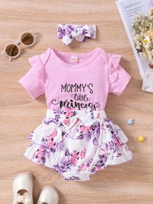 Baby Girl Letter Graphic Ruffle Bodysuit & Floral Bow Shorts & Headband - Multicolor - View 1
