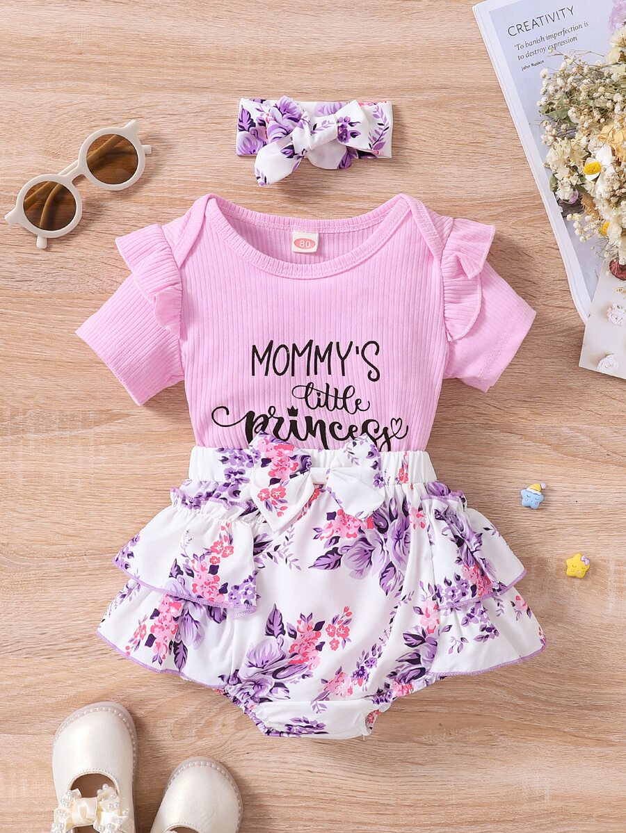 Baby Girl Letter Graphic Ruffle Bodysuit & Floral Bow Shorts & Headband - Multicolor - View 1