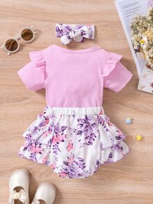Baby Girl Letter Graphic Ruffle Bodysuit & Floral Bow Shorts & Headband - Multicolor - View 2