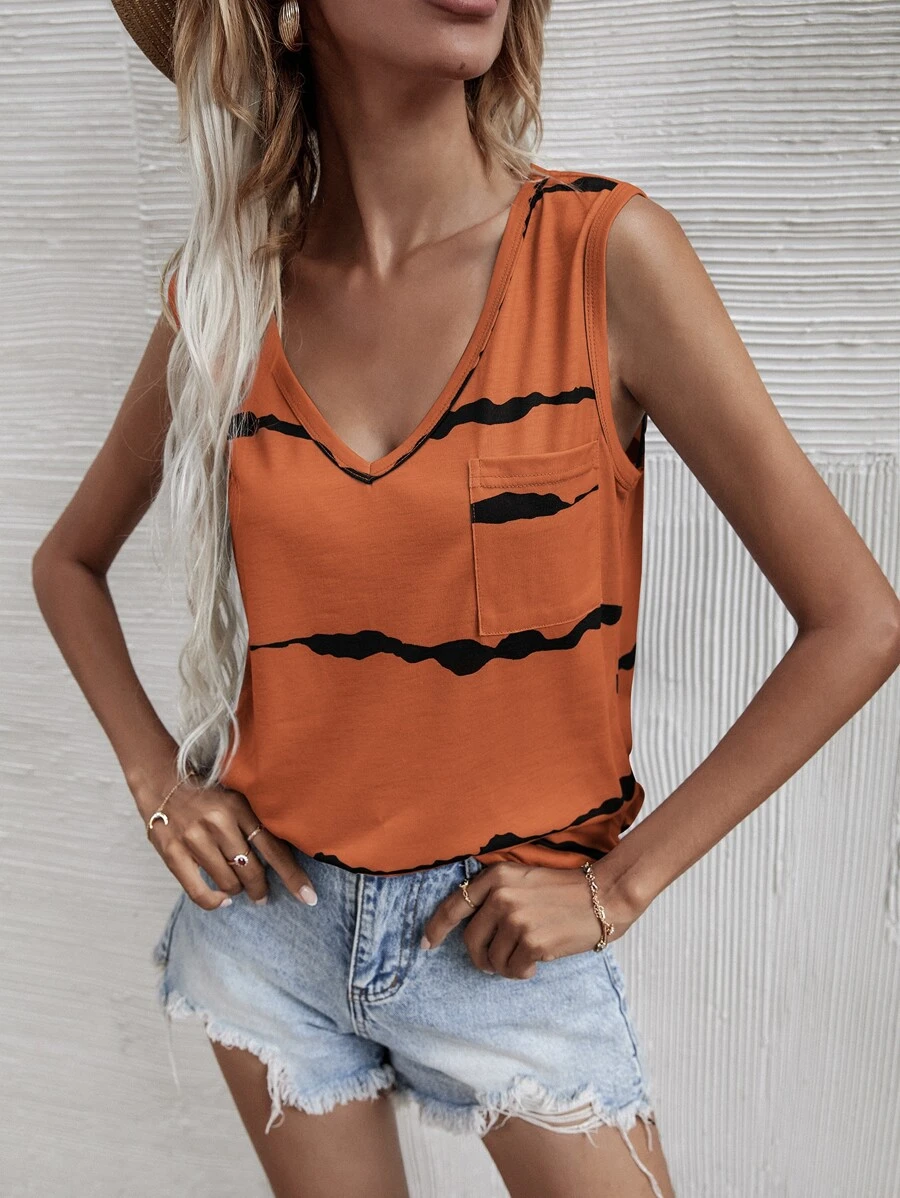 SHEIN Unity Graphic Print Pocket Patched V-Neck Tank Top Graphic Tees Women Tops - Orange - View 1