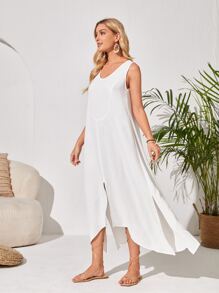 EMERY ROSE Solid Slit Hem Tunic Dress - White - View 3
