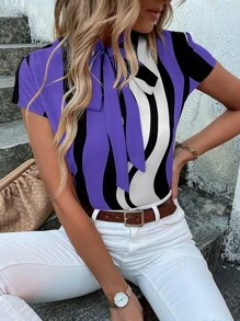 SHEIN Clasi Block Striped Tie Neck Blouse - Multicolor - View 4