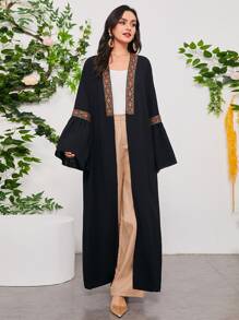 Al Najma Contrast Tape Flounce Sleeve Modest Long Sleeve Abaya - Black - View 2