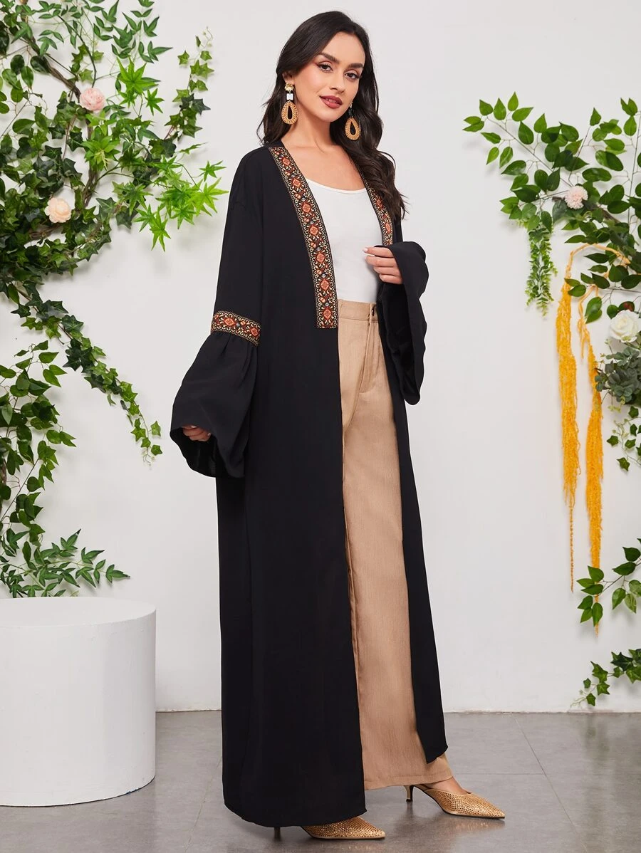 Al Najma Contrast Tape Flounce Sleeve Modest Long Sleeve Abaya - Black - View 1