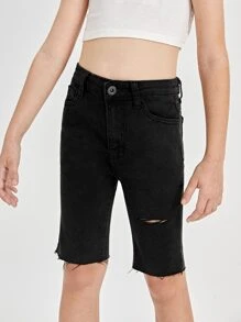 SHEIN 女孩高腰破洞磨損邊百慕大牛仔短褲 - 黑色 - 查看 1