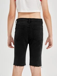 SHEIN 女孩高腰破洞磨損邊百慕大牛仔短褲 - 黑色 - 查看 2