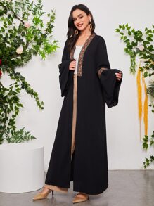 Al Najma Contrast Tape Flounce Sleeve Modest Long Sleeve Abaya - Black - View 5