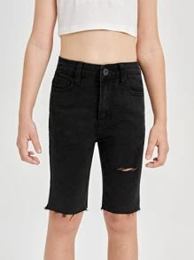 SHEIN 女孩高腰破洞磨損邊百慕大牛仔短褲 - 黑色 - 查看 3