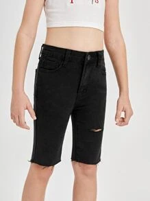 SHEIN 女孩高腰破洞磨損邊百慕大牛仔短褲 - 黑色 - 查看 4