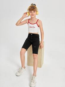 SHEIN 女孩高腰破洞磨損邊百慕大牛仔短褲 - 黑色 - 查看 5