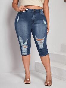 SHEIN SXY Plus High Waist Ripped Frayed Denim Shorts - Dark Wash - View 1