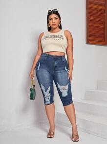 SHEIN Tall CURVE 加大码女式蓝色牛仔弹力破洞紧身裤 夏季女式夏季度假女式牛仔装女式西部装女式商务休闲女式节日机场装女式毕业典礼伊比沙岛海滩夏威夷女式音乐会女式邮轮装女式波西米亚风2025适合日常穿着7月4日女式牛仔裤 - 藍色 - 查看 4