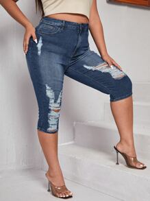 SHEIN Tall CURVE 加大码女式蓝色牛仔弹力破洞紧身裤 夏季女式夏季度假女式牛仔装女式西部装女式商务休闲女式节日机场装女式毕业典礼伊比沙岛海滩夏威夷女式音乐会女式邮轮装女式波西米亚风2025适合日常穿着7月4日女式牛仔裤 - 藍色 - 查看 5