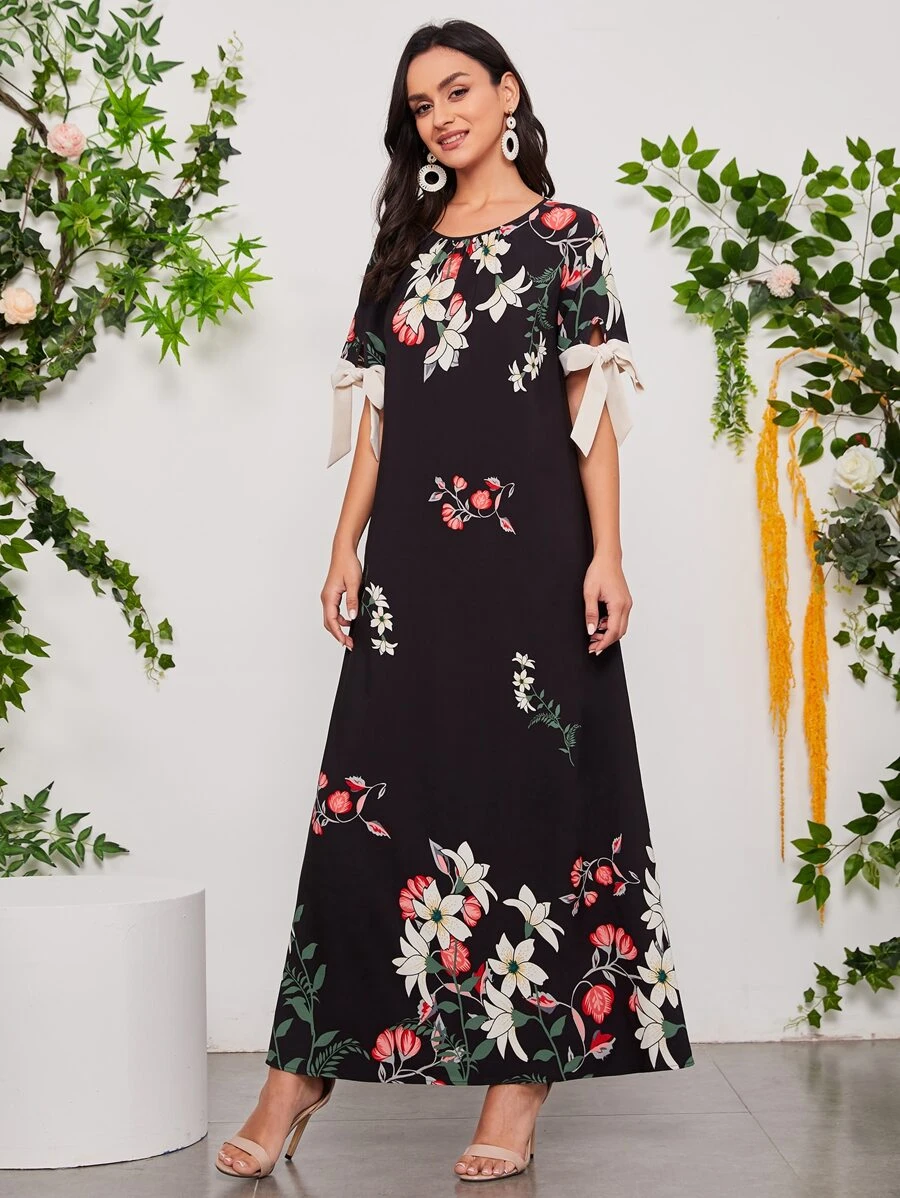 Seusyu 印花打結袖口直筒連衣裙