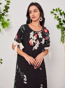 Seusyu 印花打結袖口直筒連衣裙