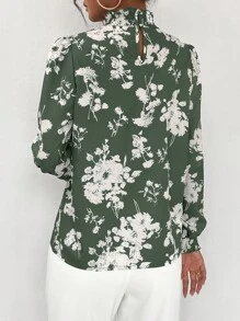 Seusyu 印花小立領燈籠袖襯衫 - 綠色 - 查看 2