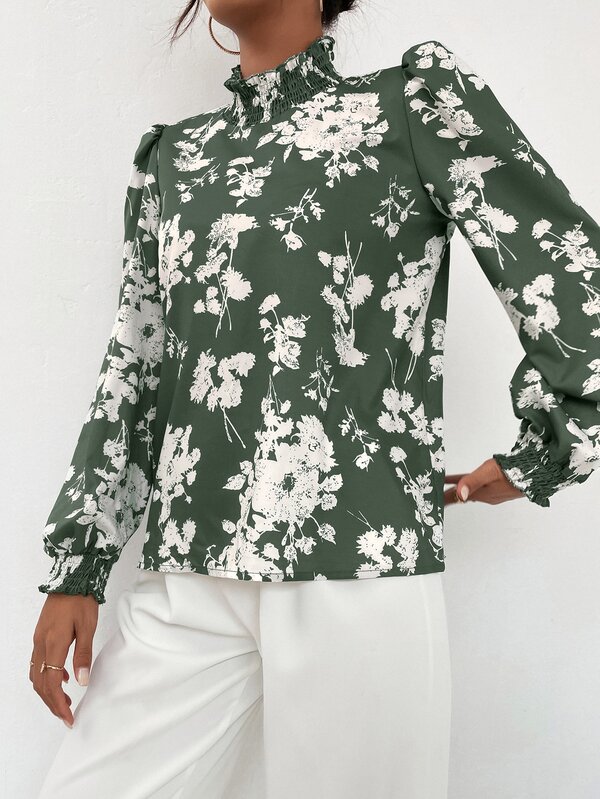 SHEIN Privé Floral Print Stand Collar Sleeve Blouse SHEIN UK