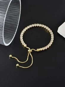 1pc Fashionable Elastic Cubic Zirconia Chain And Beaded Adjustable Bracelet - Yellow Gold - View 1