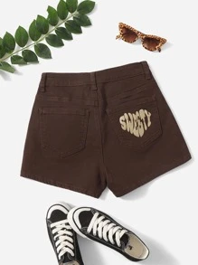 SHEIN EZwear Letter Graphic Denim Shorts - Coffee Brown - View 1