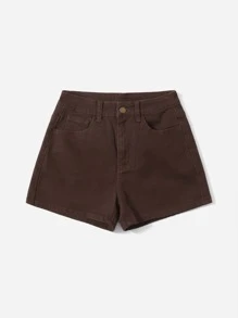 SHEIN EZwear Letter Graphic Denim Shorts - Coffee Brown - View 2