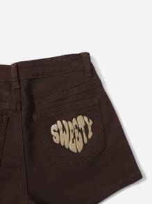 SHEIN EZwear Letter Graphic Denim Shorts - Coffee Brown - View 5