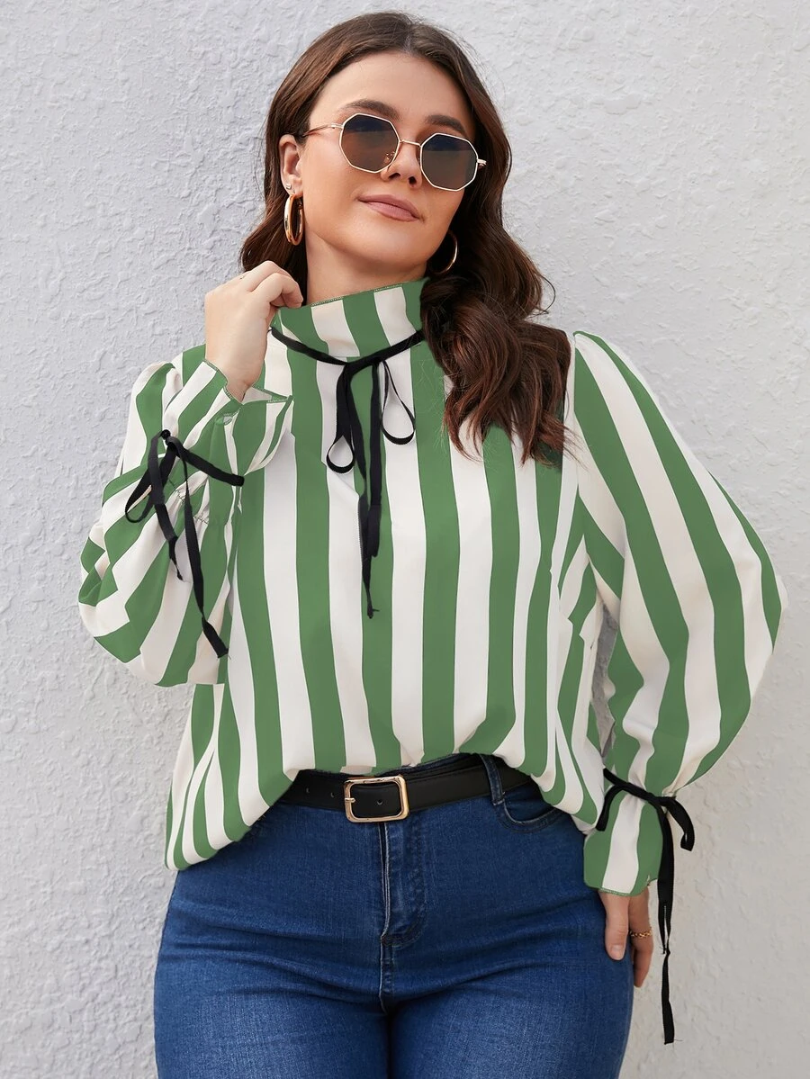 大碼豎條紋高領荷葉袖打結細節襯衫 - 彩色 - 查看 1