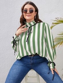 大碼豎條紋高領荷葉袖打結細節襯衫 - 彩色 - 查看 3