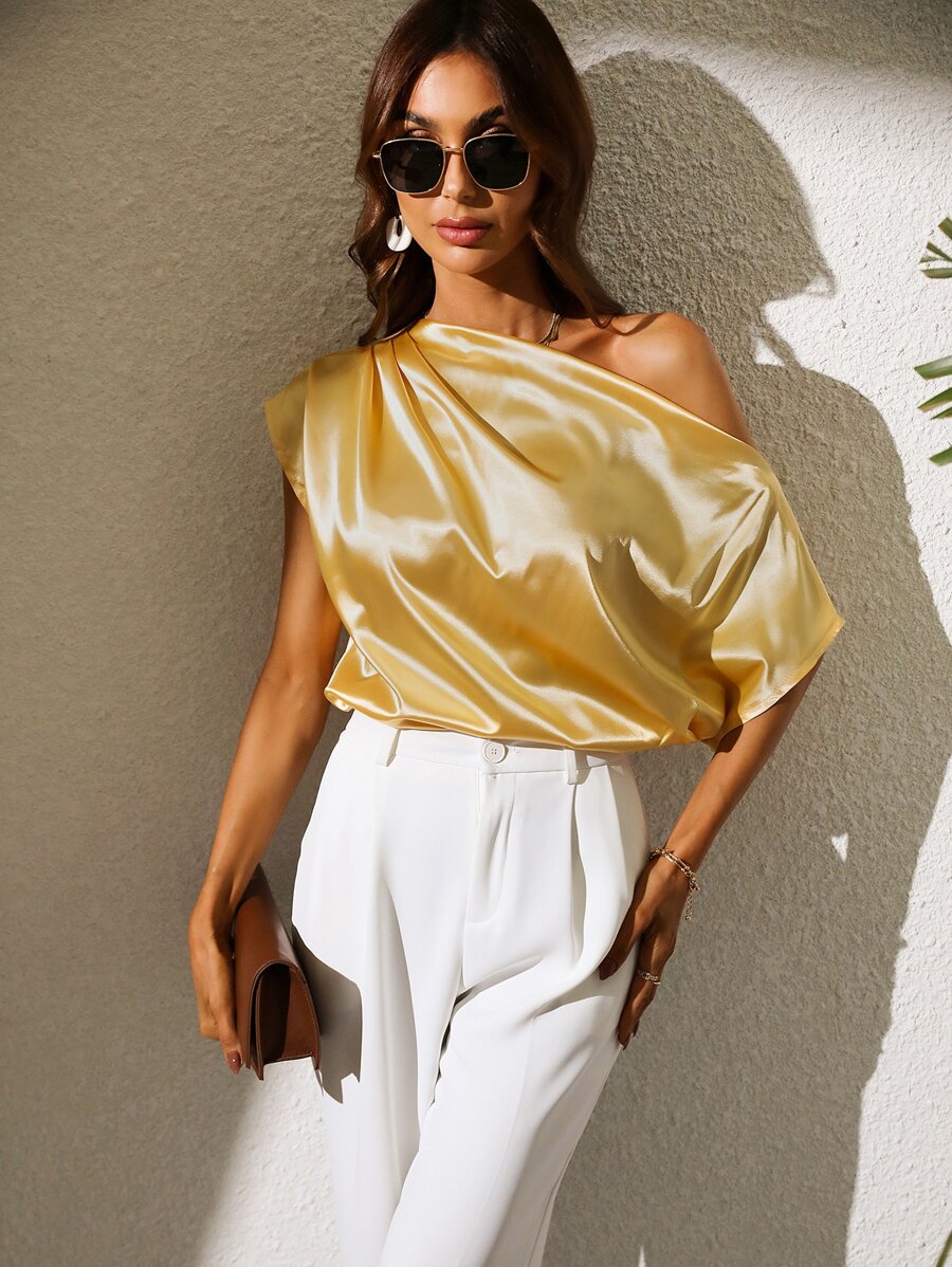 Ruched Asymmetrical Neck Satin Blouse - Yellow - View 1