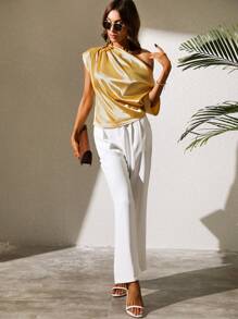 Ruched Asymmetrical Neck Satin Blouse - Yellow - View 4