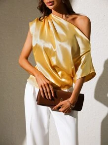 Ruched Asymmetrical Neck Satin Blouse - Yellow - View 5