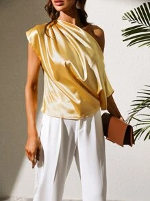Ruched Asymmetrical Neck Satin Blouse - Yellow - View 6