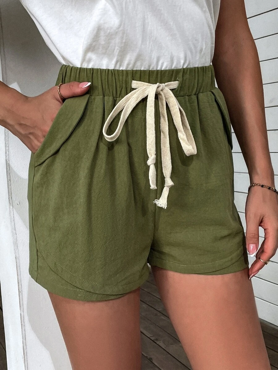 Pocket Drawstring Waist Shorts - Army Green - View 1