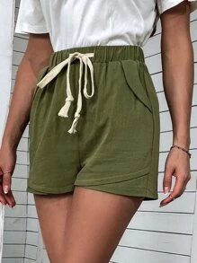Pocket Drawstring Waist Shorts - Army Green - View 3