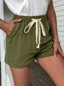 Pocket Drawstring Waist Shorts - Army Green - View 4