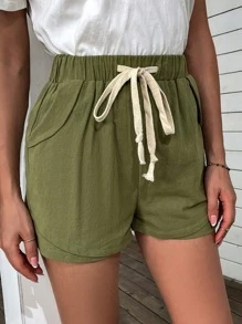 Pocket Drawstring Waist Shorts - Army Green - View 6