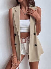 SHEIN Unity 雙排釦馬甲西裝外套 - 杏色 - 查看 7