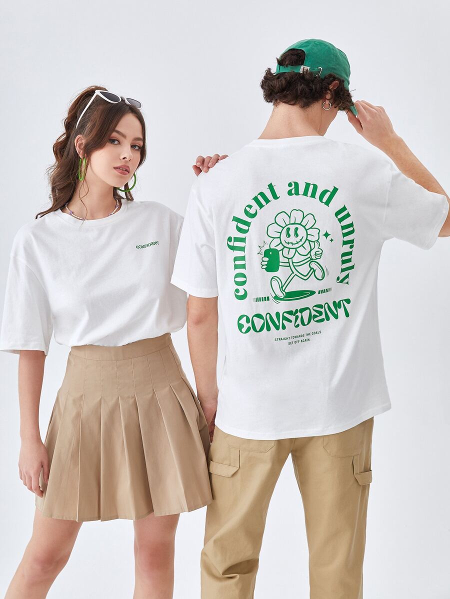 Manfinity VCAY 1pc Letter & Cartoon Graphic Drop Shoulder Oversize Tee - White - View 1