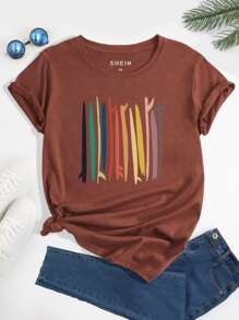 SHEIN LUNE Camiseta Gráfica De Cuello Redondo - Óxido marrón - Ver 1