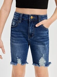 SHEIN Girls High Waist Ripped Cat Whisker Denim Shorts