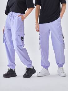 Manfinity RebelGame 1入組帶扣細節側翻蓋口袋腰部抽繩工裝褲 - 紫丁香色 - 查看 1