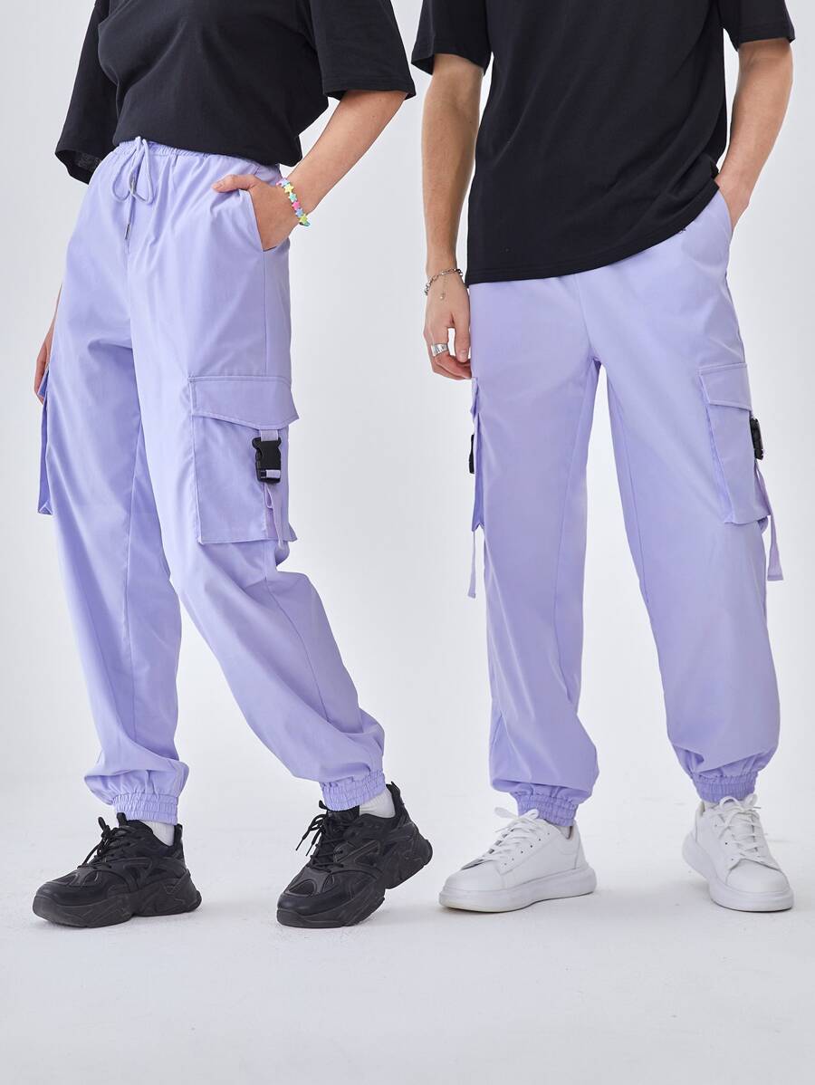 Manfinity RebelGame 1入組帶扣細節側翻蓋口袋腰部抽繩工裝褲 - 紫丁香色 - 查看 1